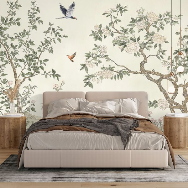 Chinois Flower Mural styled in a South African bedroom with neutral décor