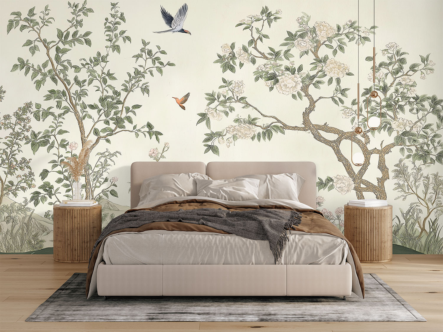 Chinois Flower Mural styled in a South African bedroom with neutral décor