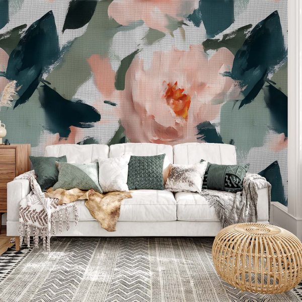Living room with expressive floral wall mural in blush and green