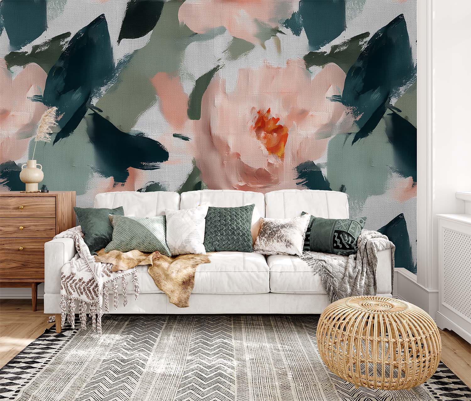 Living room with expressive floral wall mural in blush and green
