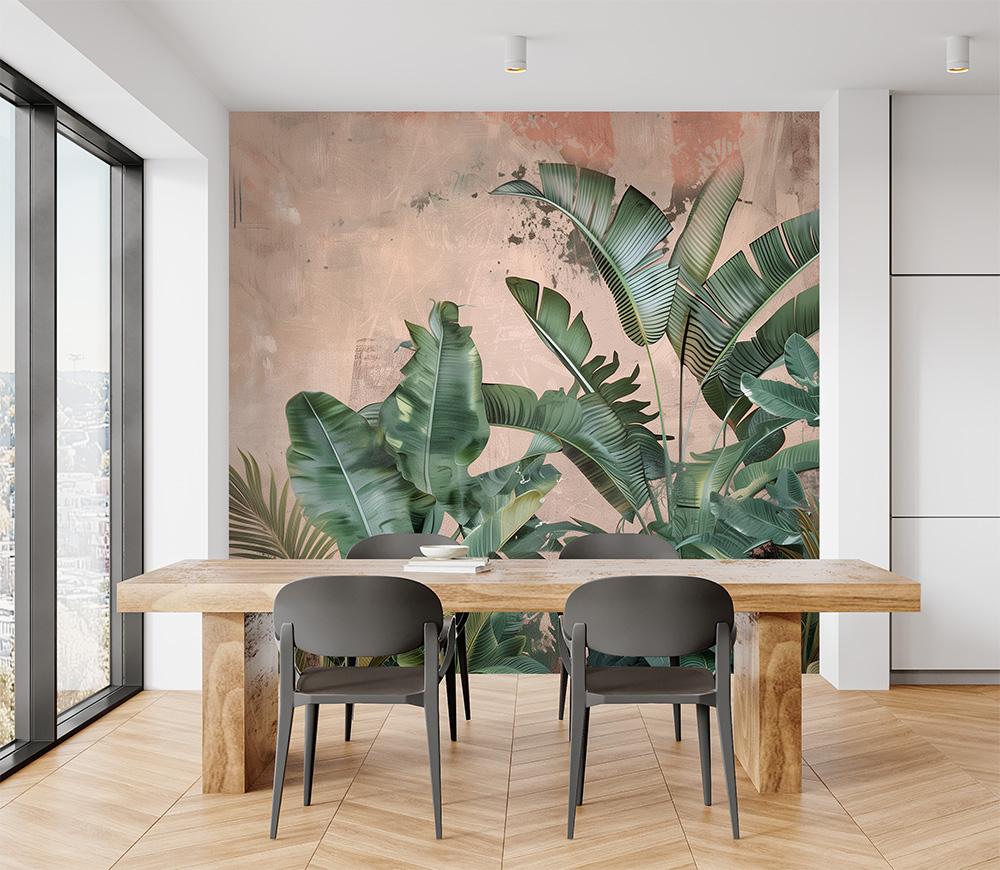 Banana Lush Mural 1 Wallpaper and Wall Murals South Africa A Tropical peel and stick mural featuring lush banana and palm leaves set against a soft terracotta-textured backdrop