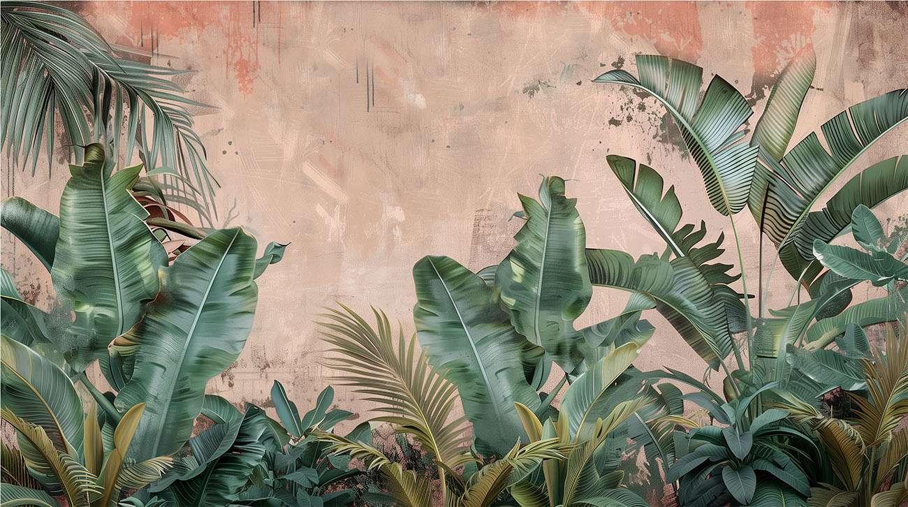 Banana Lush Mural 3 Wallpaper and Wall Murals South Africa Tropical peel and stick mural featuring lush banana and palm leaves set against a soft terracotta-textured backdrop
