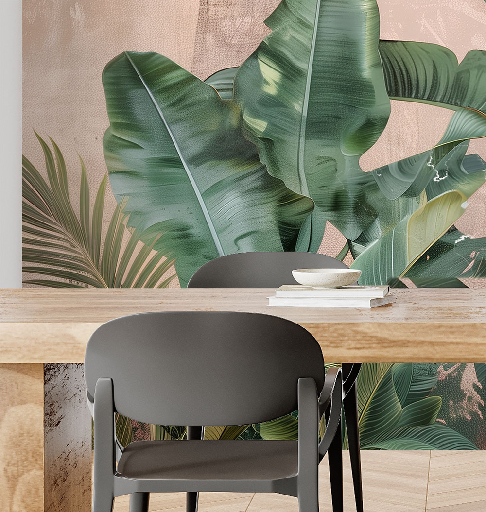 Banana Lush Mural 4 Wallpaper and Wall Murals South Africa A zoomed-in Tropical peel and stick mural featuring lush banana and palm leaves set against a soft terracotta-textured backdrop