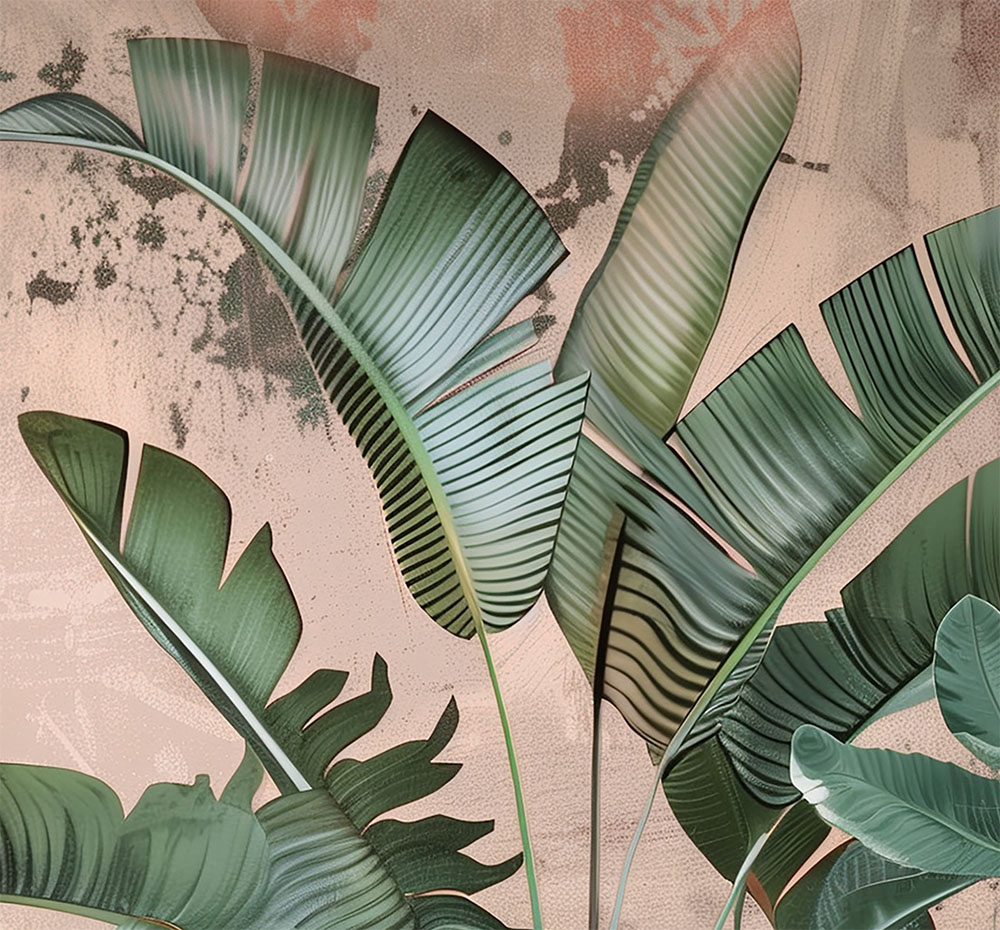 Banana Lush Mural 5 Wallpaper and Wall Murals South Africa A zoomed-in Tropical peel and stick mural featuring lush banana and palm leaves set against a soft terracotta-textured backdrop
