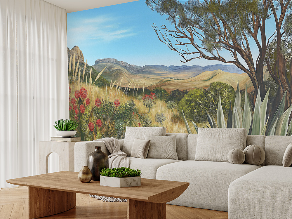 Barbedensis Mural 3 Wallpaper and Wall Murals South Africa Nature-inspired peel and stick mural depicting a vivid South African landscape with aloe, protea, and distant mountain scenery.