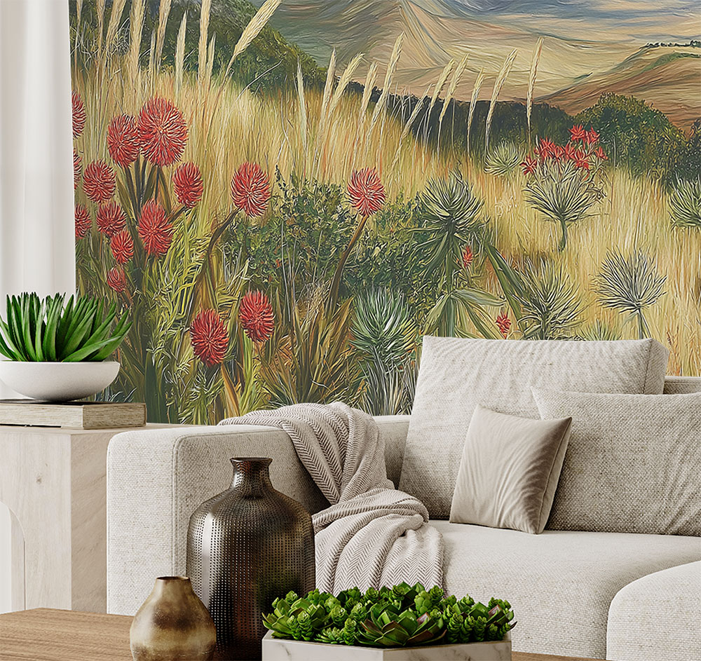 Barbedensis Mural 1 Wallpaper and Wall Murals South Africa A zoomed-in Nature-inspired peel and stick mural depicting a vivid South African landscape with aloe, protea, and distant mountain scenery.
