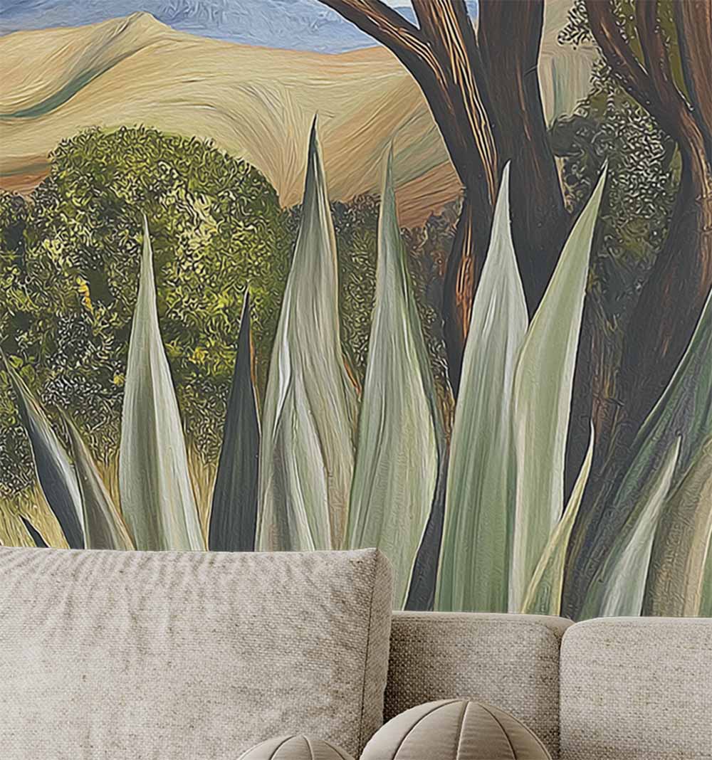 Barbedensis Mural 5 Wallpaper and Wall Murals South Africa A zoomed-in Nature-inspired peel and stick mural depicting a vivid South African landscape with aloe, protea, and distant mountain scenery.