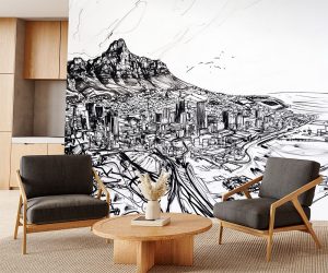 Striking black-and-white peel and stick mural showcasing a hand-illustrated view of Cape Town and Table Mountain.
