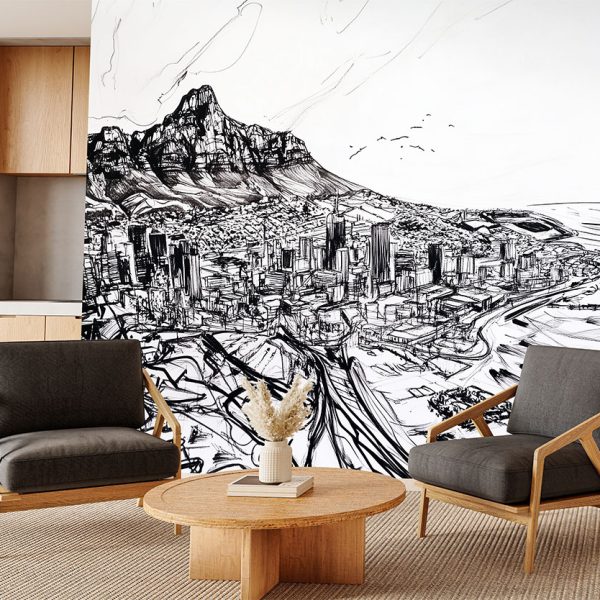 Striking black-and-white peel and stick mural showcasing a hand-illustrated view of Cape Town and Table Mountain.