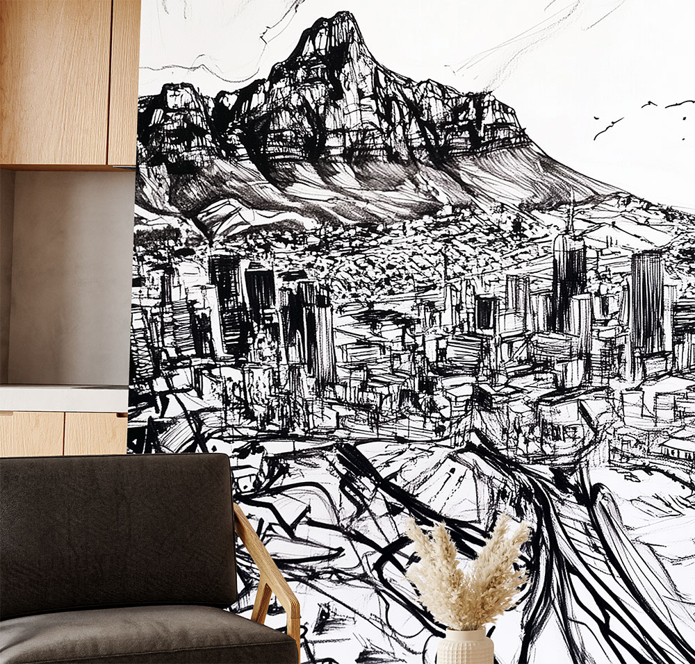 Cape Town Inked Mural 3 Wallpaper and Wall Murals South Africa A zoomed-in Striking black-and-white peel and stick mural showcasing a hand-illustrated view of Cape Town and Table Mountain.