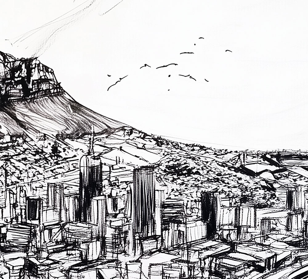 Cape Town Inked Mural 4 Wallpaper and Wall Murals South Africa A zoomed-in Striking black-and-white peel and stick mural showcasing a hand-illustrated view of Cape Town and Table Mountain.