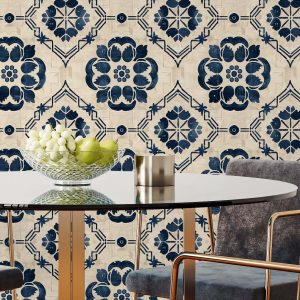 This is a zoomed image of a wallpaper that features a classic Iberian tile-inspired pattern with navy blue floral and geometric motifs set against a warm beige textured background.