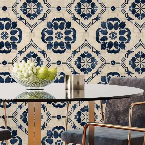 This is a zoomed image of a wallpaper that features a classic Iberian tile-inspired pattern with navy blue floral and geometric motifs set against a warm beige textured background.