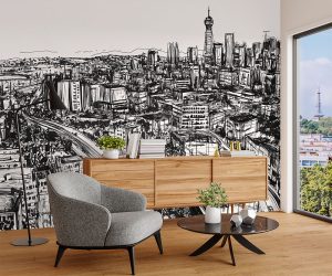 A zoomed-in Contemporary black-and-white peel and stick mural featuring a hand-sketched cityscape of Johannesburg’s skyline.