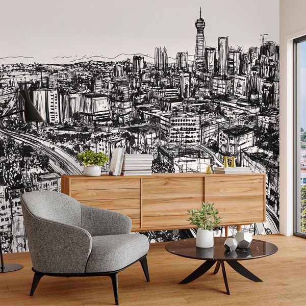 A zoomed-in Contemporary black-and-white peel and stick mural featuring a hand-sketched cityscape of Johannesburg’s skyline.