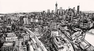 Dillon Warren Wallpaper Expert 7 Wallpaper and Wall Murals South Africa Contemporary black-and-white peel and stick mural featuring a hand-sketched cityscape of Johannesburg’s skyline.