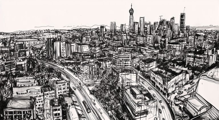 Contemporary black-and-white peel and stick mural featuring a hand-sketched cityscape of Johannesburg’s skyline.
