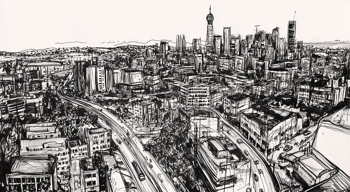 Jozi Inked Mural 4 Wallpaper and Wall Murals South Africa Contemporary black-and-white peel and stick mural featuring a hand-sketched cityscape of Johannesburg’s skyline.