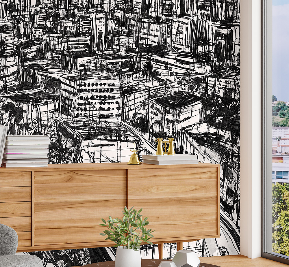 Jozi Inked Mural 5 Wallpaper and Wall Murals South Africa A Contemporary black-and-white peel and stick mural featuring a hand-sketched cityscape of Johannesburg’s skyline.