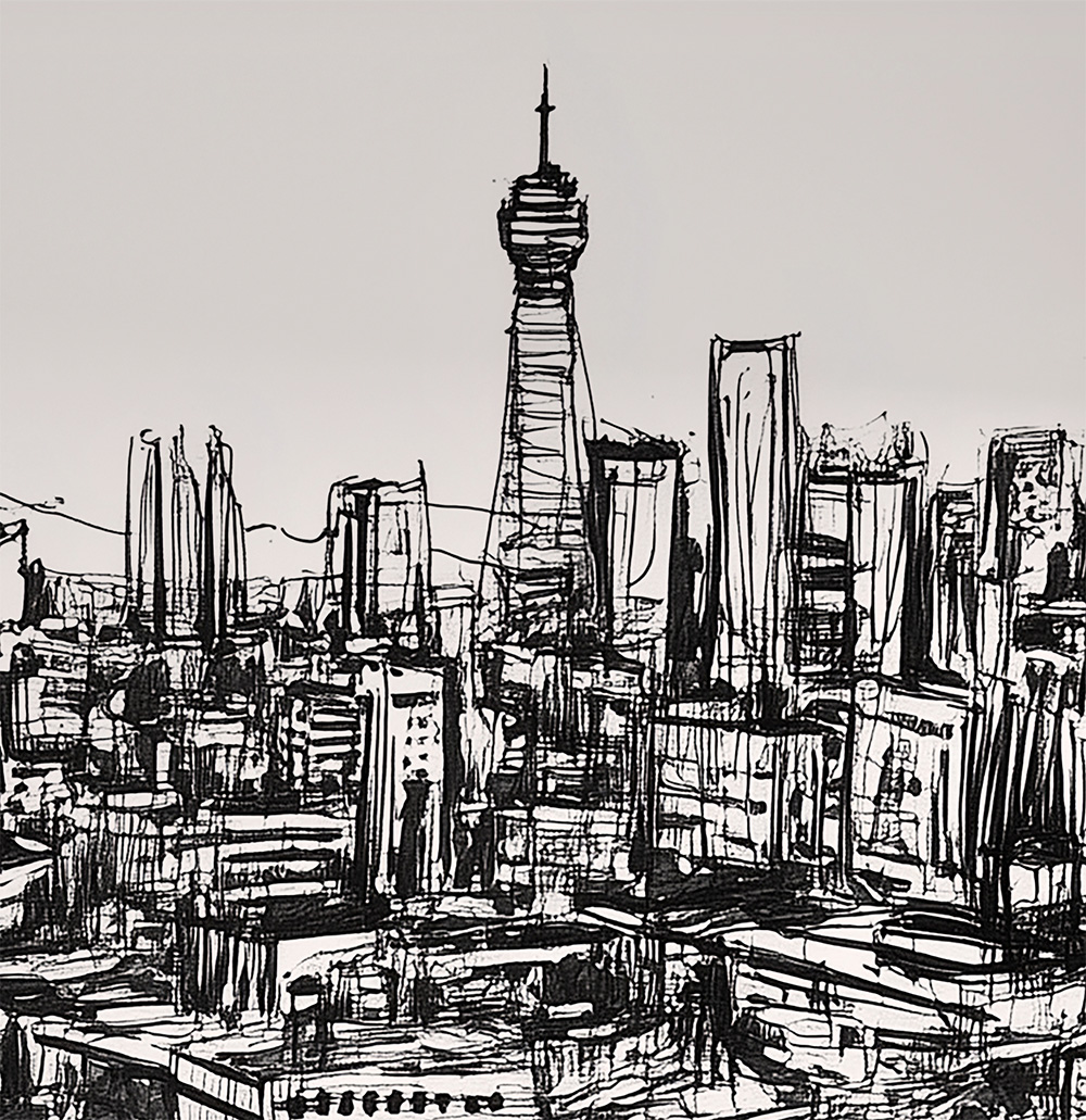 Jozi Inked Mural 2 Wallpaper and Wall Murals South Africa A zoomed-in Contemporary black-and-white peel and stick mural featuring a hand-sketched cityscape of Johannesburg’s skyline.