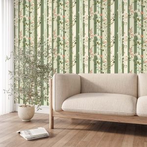 A graceful wallpaper combining soft green and cream stripes with delicate meadow flowers, blending traditional elegance with natural charm.