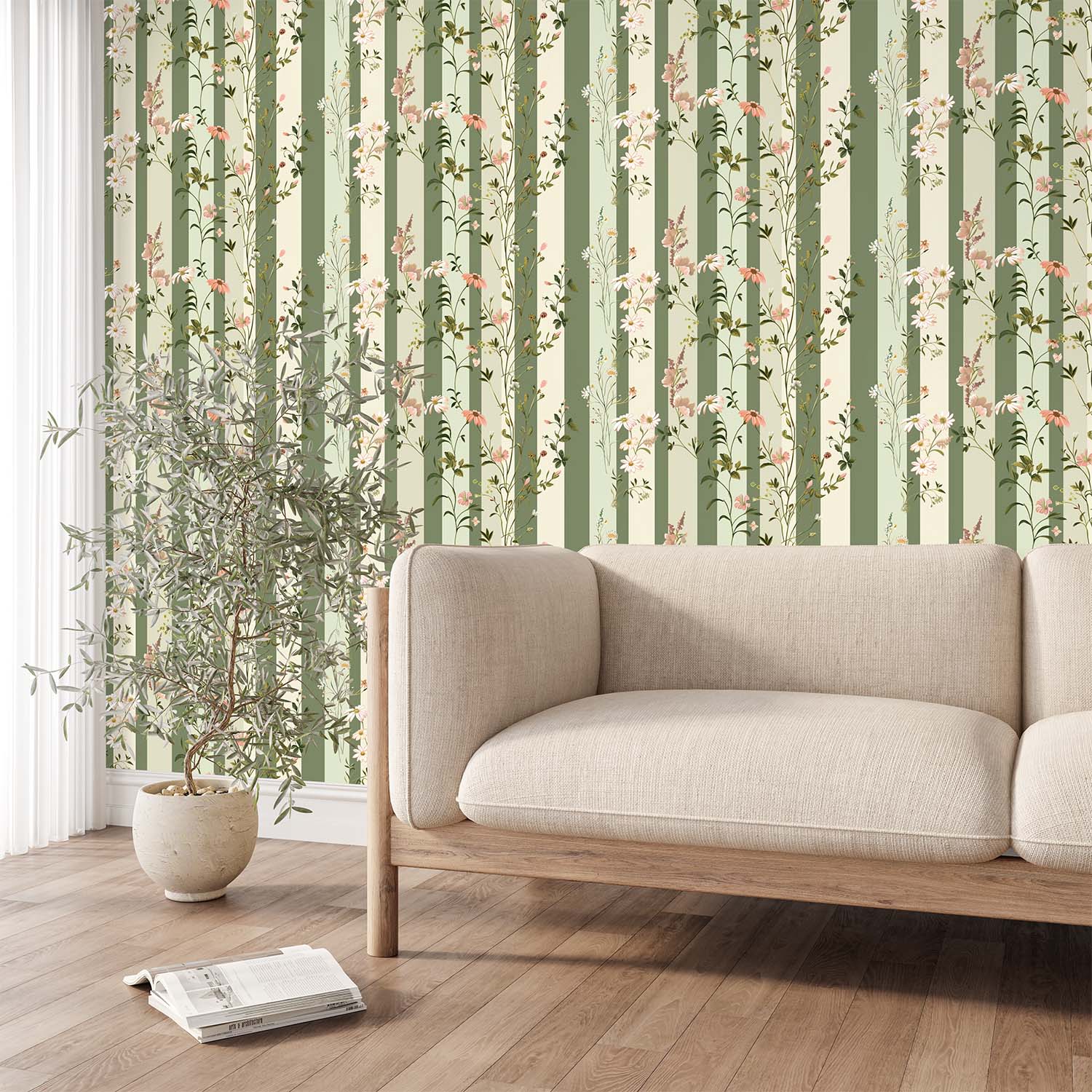 Meadow Stripe Wallpaper 1 Wallpaper and Wall Murals South Africa A graceful wallpaper combining soft green and cream stripes with delicate meadow flowers, blending traditional elegance with natural charm.