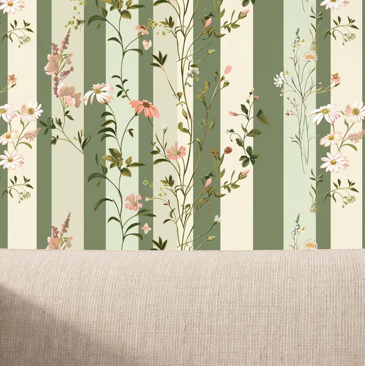 Meadow Stripe Wallpaper 2 Wallpaper and Wall Murals South Africa A zoomed-in graceful wallpaper combining soft green and cream stripes with delicate meadow flowers, blending traditional elegance with natural charm.