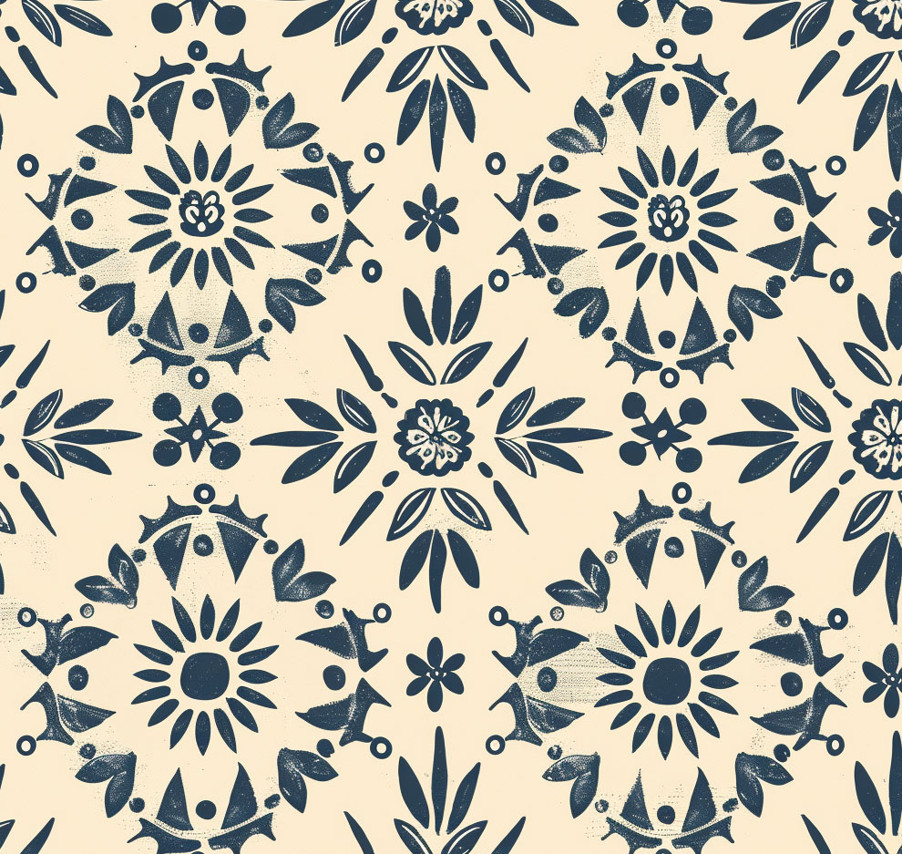 Midnight Flower Wallpaper 5 Wallpaper and Wall Murals South Africa A zoomed-in hand-painted floral wallpaper featuring deep blue folk-inspired motifs on a warm beige background, blending traditional charm with modern simplicity