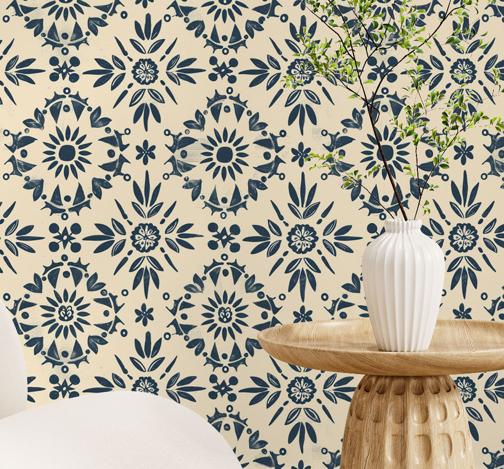 Midnight Flower Wallpaper 4 Wallpaper and Wall Murals South Africa A zoomed-in hand-painted floral wallpaper featuring deep blue folk-inspired motifs on a warm beige background, blending traditional charm with modern simplicity