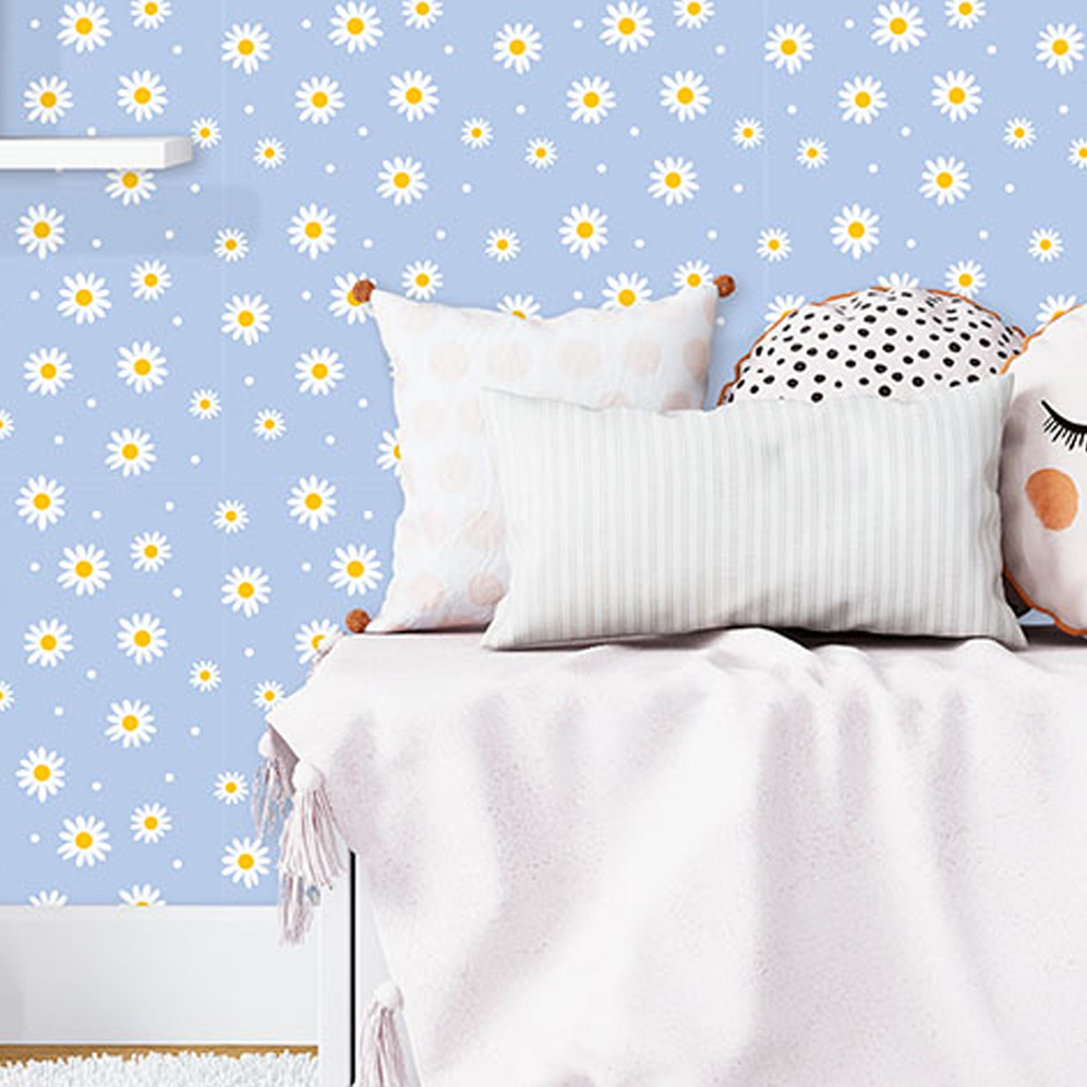 Pop Of Daisy Wallpaper 1 Wallpaper and Wall Murals South Africa A zoomed-in cheerful pastel wallpaper with white daisies scattered across a soft blue background, perfect for creating a bright and playful atmosphere.