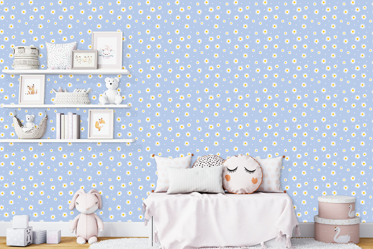 Pop Of Daisy Wallpaper 3 Wallpaper and Wall Murals South Africa A cheerful pastel wallpaper with white daisies scattered across a soft blue background, perfect for creating a bright and playful atmosphere.