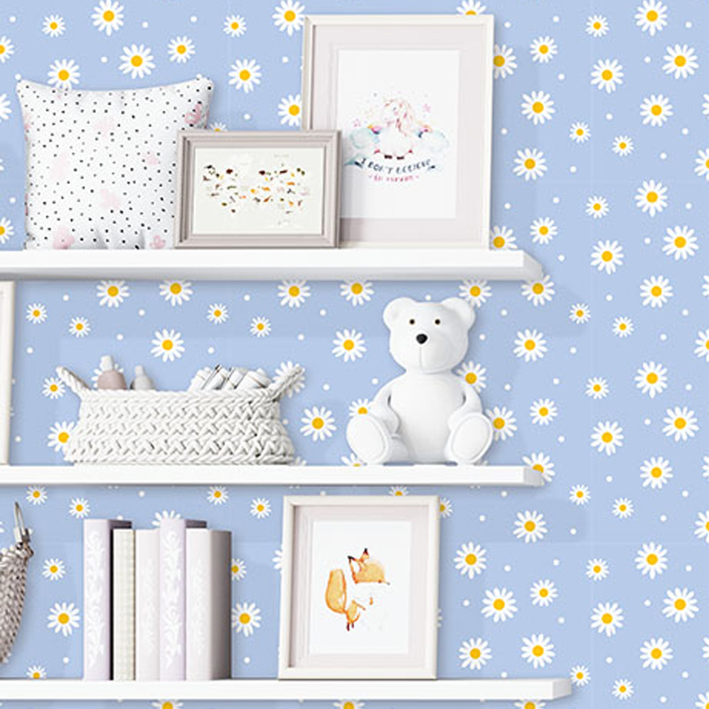 Pop Of Daisy Wallpaper 4 Wallpaper and Wall Murals South Africa A zoomed-in cheerful pastel wallpaper with white daisies scattered across a soft blue background, perfect for creating a bright and playful atmosphere.