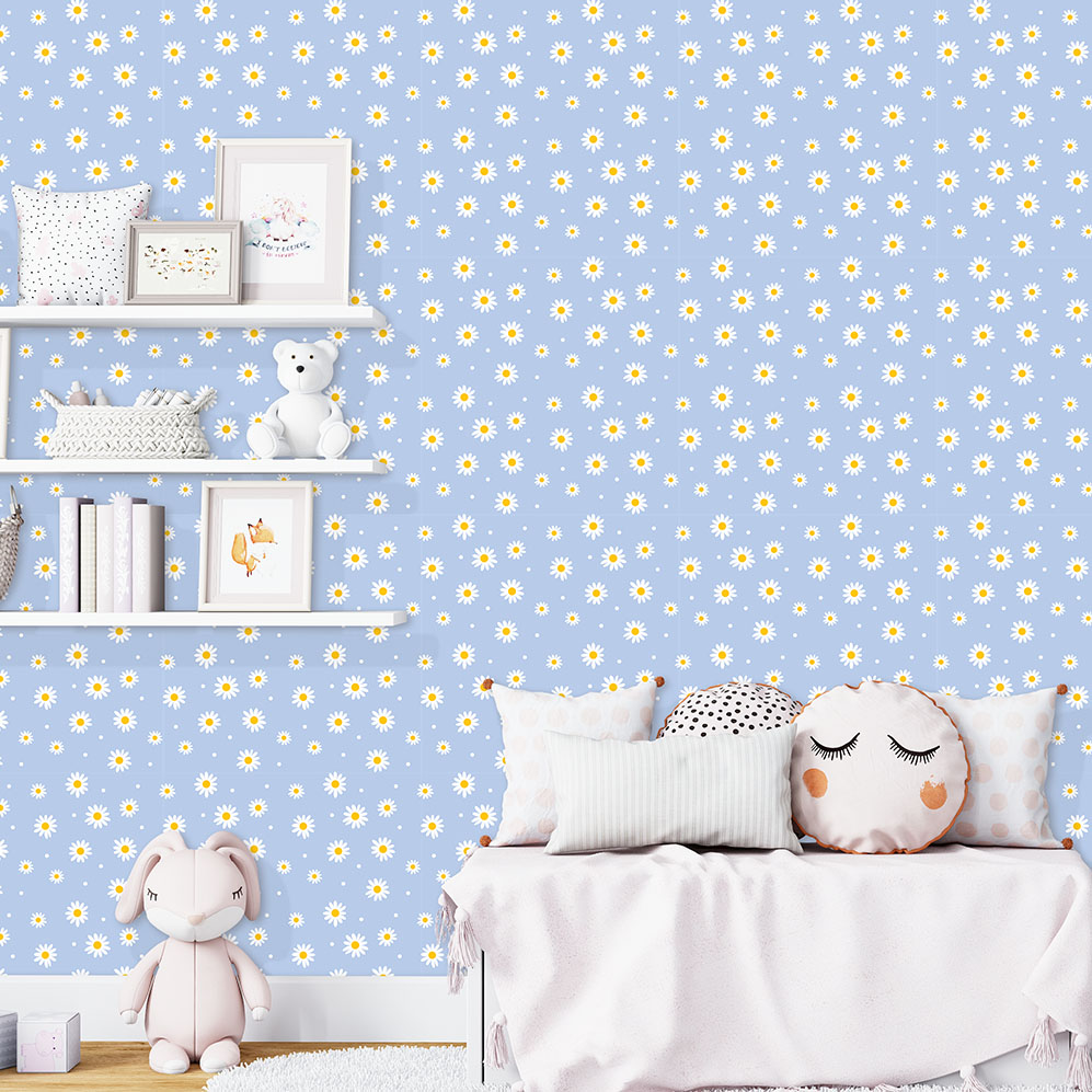 Pop Of Daisy Wallpaper 6 Wallpaper and Wall Murals South Africa A cheerful pastel wallpaper with white daisies scattered across a soft blue background, perfect for creating a bright and playful atmosphere.