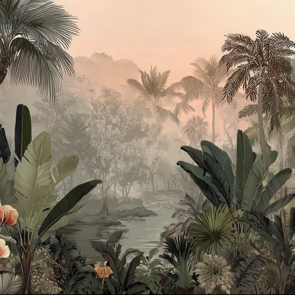 This is a tranquil tropical mural capturing the soft glow of dusk over a lush jungle landscape, blending warm sunset hues with deep green foliage.