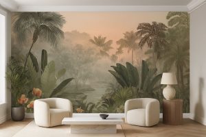A tranquil tropical mural capturing the soft glow of dusk over a lush jungle landscape, blending warm sunset hues with deep green foliage.