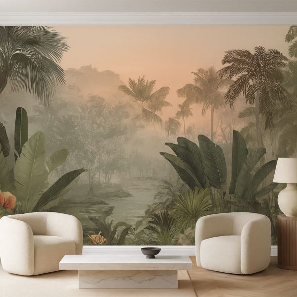 A tranquil tropical mural capturing the soft glow of dusk over a lush jungle landscape, blending warm sunset hues with deep green foliage.