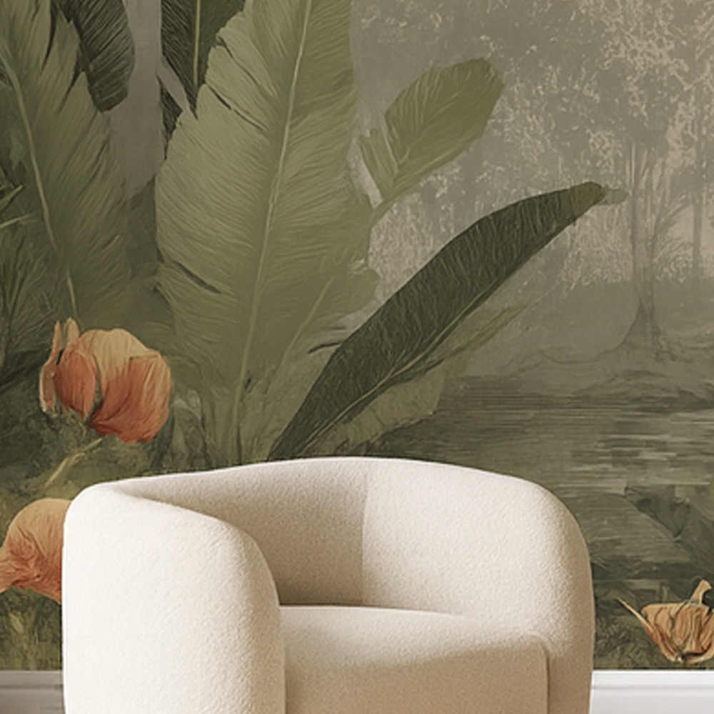 Tropical Dusk Wallpaper 4 Wallpaper and Wall Murals South Africa A zoomed-in tranquil tropical mural capturing the soft glow of dusk over a lush jungle landscape, blending warm sunset hues with deep green foliage.