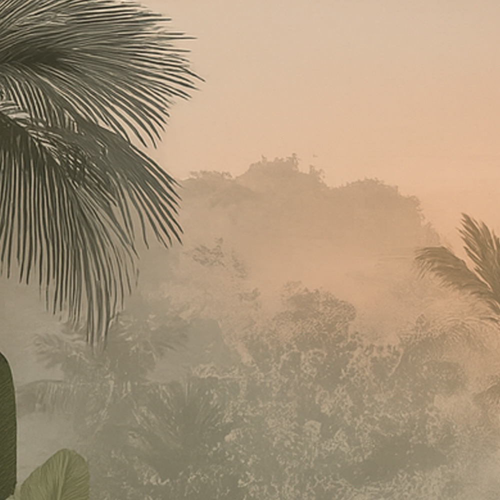 Tropical Dusk Wallpaper 5 Wallpaper and Wall Murals South Africa A zoomed-in tranquil tropical mural capturing the soft glow of dusk over a lush jungle landscape, blending warm sunset hues with deep green foliage.