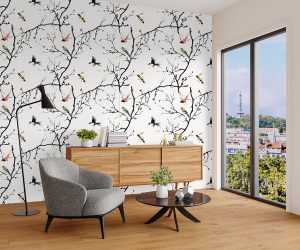 Twig To Twig bird wallpaper with black ink branches and coral-tinted bird on white background across a modern bedroom — Wallpaper Online South Africa