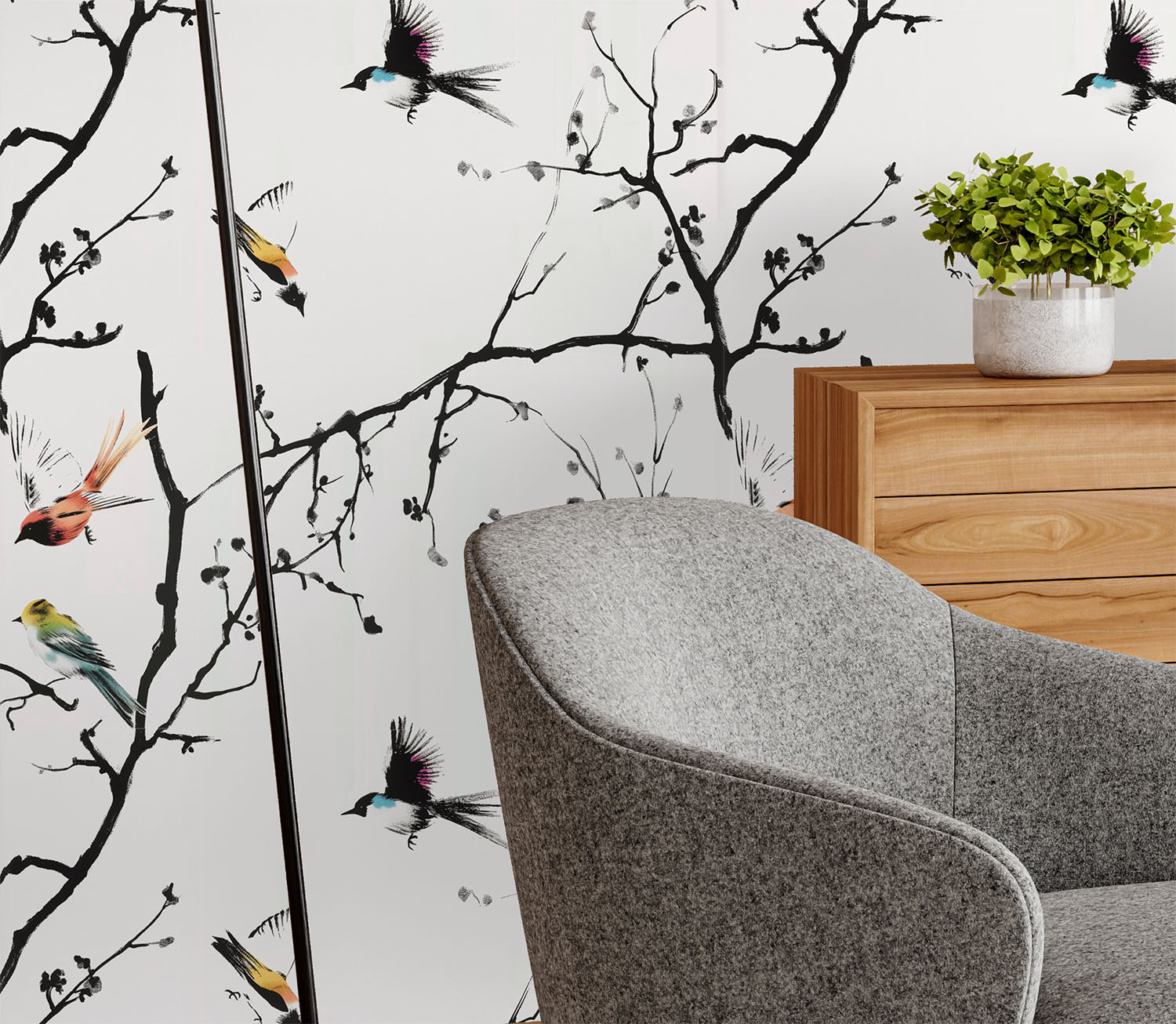 Twig To Twig Wallpaper 2 Wallpaper and Wall Murals South Africa This is a zoomed-in serene oriental-inspired wallpaper featuring ink-painted branches and a graceful bird in flight, blending minimalism with artistic elegance.