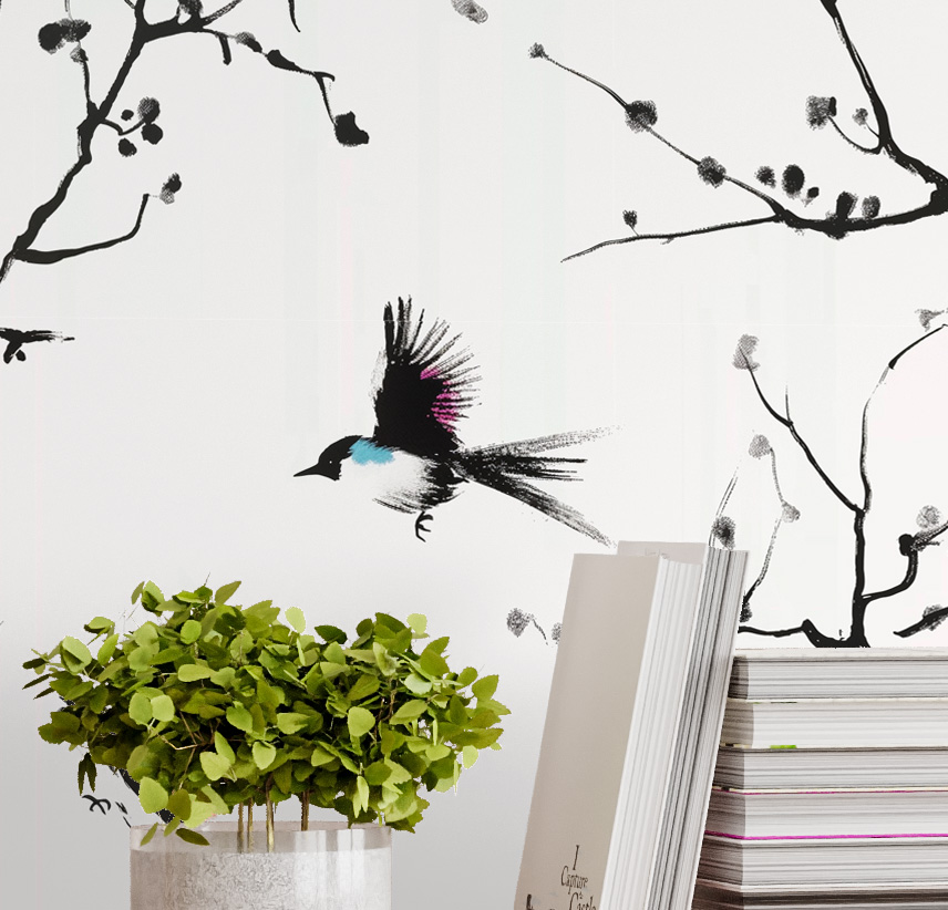 Twig To Twig Wallpaper 3 Wallpaper and Wall Murals South Africa This is a zoomed-in serene oriental-inspired wallpaper featuring ink-painted branches and a graceful bird in flight, blending minimalism with artistic elegance.