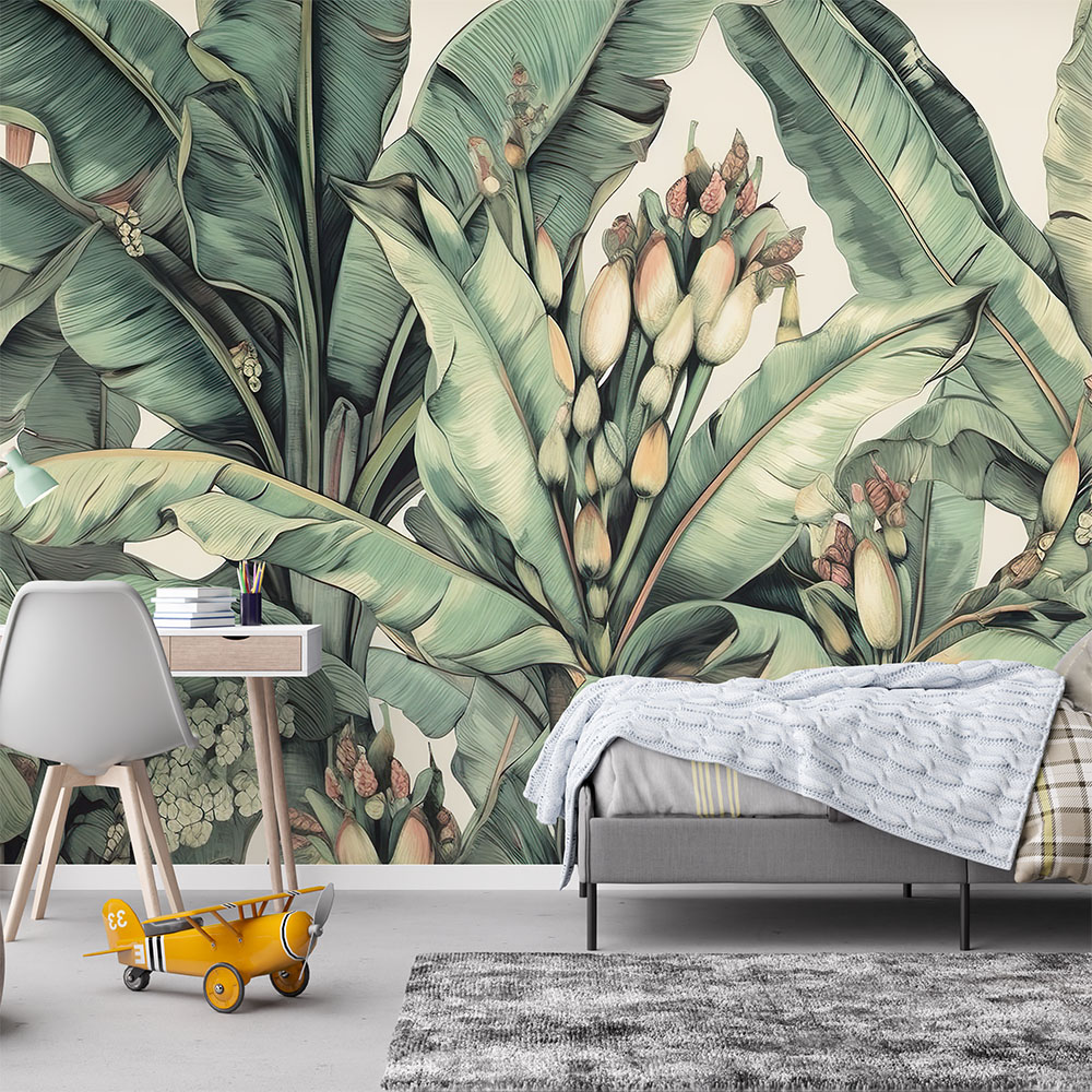 White Lotus Banana Mural 1 Wallpaper and Wall Murals South Africa This is a zoomed-in lush tropical mural featuring detailed banana leaves and soft botanical tones, perfect for creating a serene and elegant natural retreat.