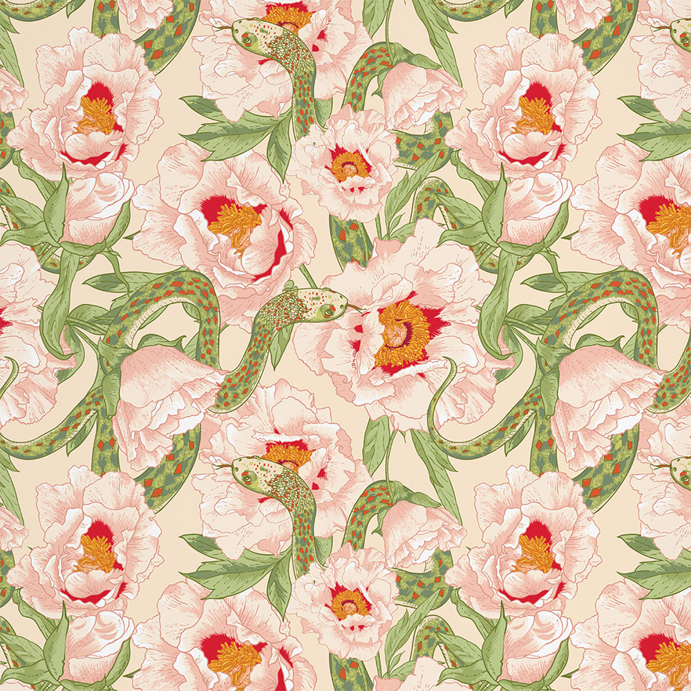White Lotus Snake Wallpaper 5 Wallpaper and Wall Murals South Africa A zoomed-in wallpaper with a bold and artistic featuring intricately illustrated snakes entwined among soft pink lotus flowers and lush green leaves, blending beauty with intrigue.