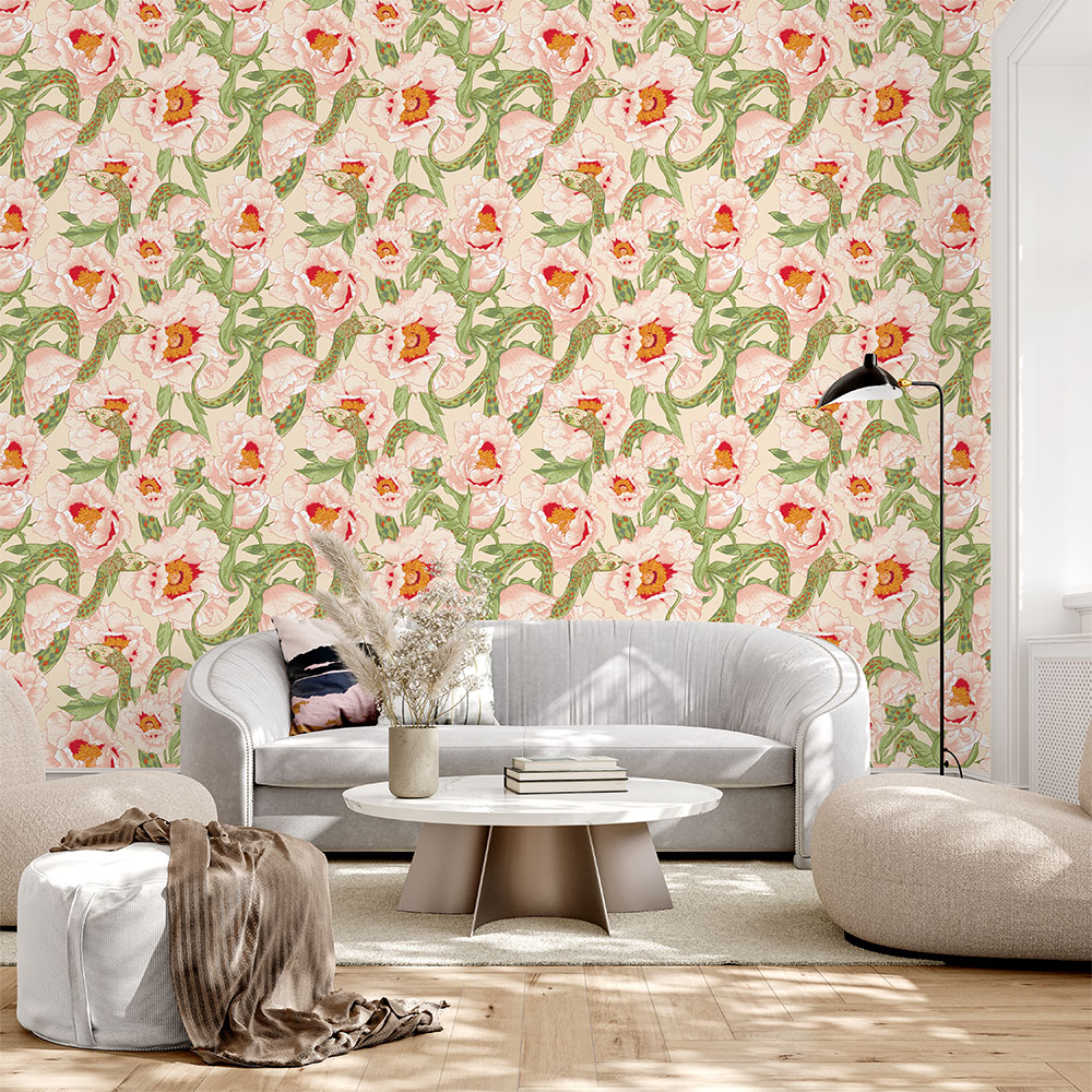 White Lotus Snake Wallpaper 3 Wallpaper and Wall Murals South Africa A bold and artistic wallpaper featuring intricately illustrated snakes entwined among soft pink lotus flowers and lush green leaves, blending beauty with intrigue.
