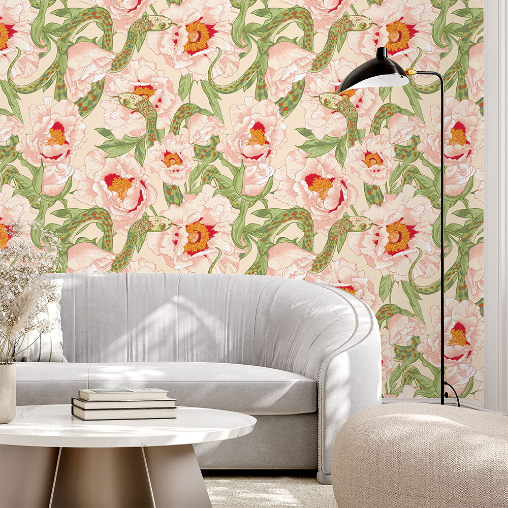 White Lotus Snake Wallpaper 1 Wallpaper and Wall Murals South Africa This is a bold and artistic wallpaper featuring intricately illustrated snakes entwined among soft pink lotus flowers and lush green leaves, blending beauty with intrigue.