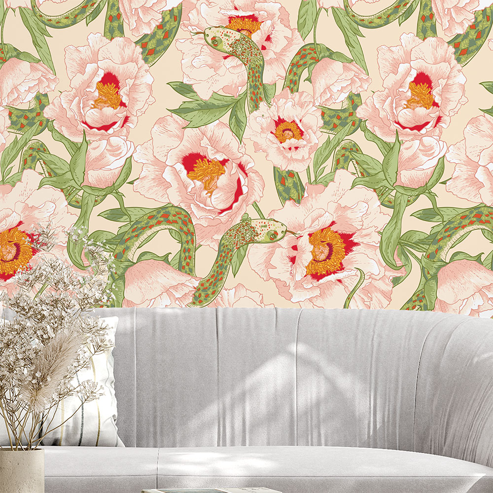 White Lotus Snake Wallpaper 4 Wallpaper and Wall Murals South Africa A zoomed-in wallpaper with a bold and artistic featuring intricately illustrated snakes entwined among soft pink lotus flowers and lush green leaves, blending beauty with intrigue.