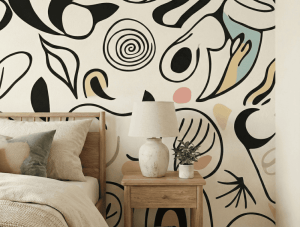 A zoomed-in of abstract line art wall mural with whimsical curves and soft color accents creating a calm, contemporary bedroom backdrop.