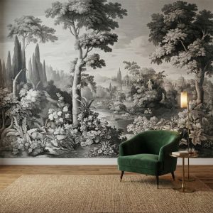 Vintage-inspired landscape mural artwork portraying a serene formal garden with layered botanical detail, water features, and classical stone statues.