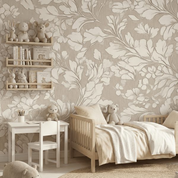 test color filter 7 Wallpaper and Wall Murals South Africa Neutral botanical wallpaper with ivory leaf pattern in a soft beige nursery, styled with wooden crib, toys, bookshelves, and natural textures.