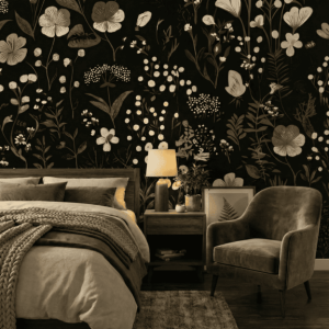 A zoomed-in of Midnight Meadow floral mural creating a dramatic, nature-inspired feature wall in a modern bedroom